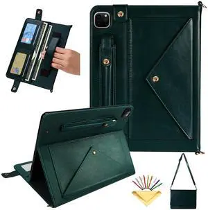 UUcovers Crossbody Handbag Case for iPad Pro 11 inch M4 2024 (Model: A2836 A2837 A3006) with Pencil Holder/Shoulder Strap/Hand Strap/Pockets Stand PU Leather Carrying Magnetic Wallet Cover,Dark Green