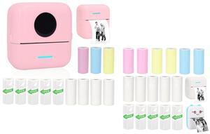 Vicbear Mini Portable Printer Set with 12 Rolls Printing Paper + 16 Rolls Thermal Paper Set, Including Sticker/Colored Plain/White Plain Paper, Pink