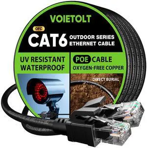 VOIETOLT Cat 6 Outdoor Ethernet Cable 175 ft, 10Gbps 550MHz Pure Copper Network Internet Cable Direct Burial Waterproof UV LLDPE Jacket, LAN Cable Patch Cord with 40 Ties, UTP for PC