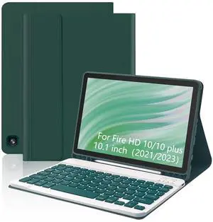 XCHYTECHER Keyboard Case for  Fire HD 10/10 Plus 10.1 inch, Detachable Keyboard with Type-C Charging Port Cover (Dark Green+Dark Green)