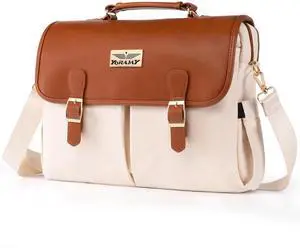 Canvas Laptop Tote Bag for Women; Lightweight Messenger Work Bag; Large Tote Bag with Zipper for School; Leather Cover, Carry Handle, Adjustable Shoulder Strap, 17 Pockets (Beige/Brown)