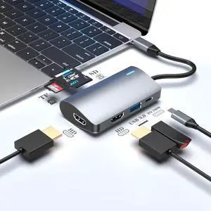 Govalue USB C Hub - 6-in-1 USB C Adapter with 2 HDTV Splitter, 4K HDTV Port, PD 100W Charging, SD TF Card Reader for iPad Pro, MacBook Pro Laptops
