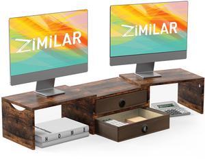 Zimilar Dual Monitor Stand Riser with 2 Drawers, Adjustable Wooden Monitor Stand with Storage, Desktop Organizer for Computer, Laptop & Printer