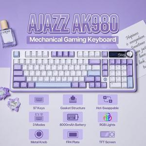FirstBlood AK980 98% Mechanical Keyboard, BT5.0/USB-C/2.4GHz Wireless Gaming Keyboard, Hot Swappable Creamy Custom Keyboard with 1.14 TFT Screen, Knob, RGB for Win/Mac (White, Gift V2 Switch)