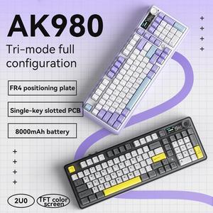 FirstBlood AK980 98% Mechanical Keyboard, BT5.0/USB-C/2.4GHz Wireless Gaming Keyboard, Hot Swappable Creamy Custom Keyboard with 1.14 TFT Screen, Knob, RGB for Win/Mac (Qinyun Switch)