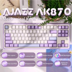 FirstBlood AK870 Gasket Wireless Tri-Mode Gaming Keyboard, 87-Keys Compact TKL Mechanical Keyboard with 5 Layers of Padding, Flexible Cutting PCB for Win/Mac Flying fish switch Purple-white-blue