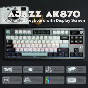 FirstBlood AK870 87 Plus Keys Gasket-Mounted Wireless Gaming Keyboard with Hot Swap Screen & Knob, BT5.0/2.4GHz/USB-C Mechanical Keyboard, with 5-Layer Padding for Win/Mac (Black, Maillard Switch)