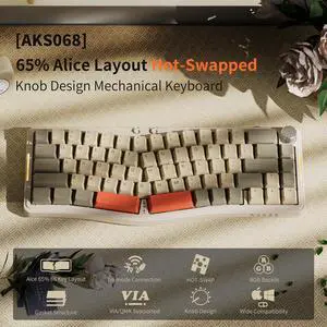 FirstBlood AKS068 65% Sea Salt Switch Vintage Alice Mounted Mechanical Keyboard with Metal Knob, 3000mAH BT/2.4G/Type-C RGB LED, Programmable VIA Custom Keyboard for Mac Win Gray Beige Orange FirstBlood AKS068 65% Sea Salt Switch Vintage Alice Mounted Mechanical Keyboard with Metal Knob, 3000mAH BT/2.4G/Type-C RGB LED, Programmable VIA Custom Keyboard for Mac Win Gray Beige Orange