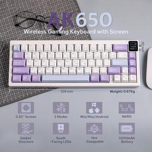 FirstBlood AK650 65% Gasket Mechanical Keyboard, 3 Modes Wireless Gaming Keyboard with 0.85 TFT Screen & Knob, 5000 mAh Battery, Hot Swappable Keyboard with Flex-Cut Plate & PCB