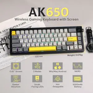 FirstBlood AK650 65% Gasket Mechanical Keyboard, 3 Modes Wireless Gaming Keyboard with 0.85 TFT Screen & Knob, 5000 mAh Battery, Hot Swappable Keyboard with Flex-Cut Plate & PCB Star Evening Gray