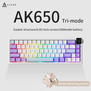 FirstBlood AK650 65% Gasket Mechanical Keyboard, 3 Modes Wireless Gaming Keyboard with 0.85 TFT Screen & Knob, 5000 mAh Battery, Hot Swappable Keyboard with Flex-Cut Plate & PCB purple white blue