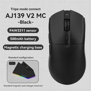 First Blood AJ139 V2 Wireless Mouse Three Modes Gaming Office Professional Right-Handed E-Sports Magnetic Charging Base PAW3395 First Blood AJ139 V2 Wireless Mouse Three Modes Gaming Office Professional Right-Handed E-Sports Magnetic Charging Base PAW3395