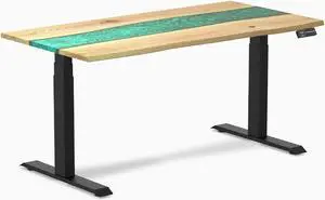 Desky Dual Resin Hardwood Sit Stand Desk - White Ash Emerald River / 60 x 30 inches / Matte Black