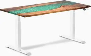 Desky Dual Resin Hardwood Sit Stand Desk - Natural Walnut Emerald River / 60 x 30 inches / White