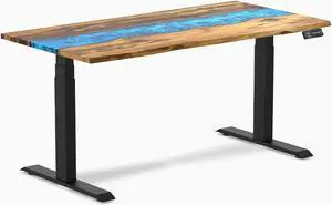 Desky Dual Resin Hardwood Sit Stand Desk - Teak Blue River / 60 x 30 inches / Matte Black