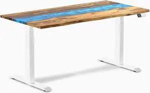 Desky Dual Resin Hardwood Sit Stand Desk - Teak Blue River / 60 x 30 inches / White