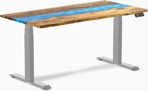 Desky Dual Resin Hardwood Sit Stand Desk - Teak Blue River / 60 x 30 in / Gray Desky Dual Resin Hardwood Sit Stand Desk - Teak Blue River / 60 x 30 in / Gray