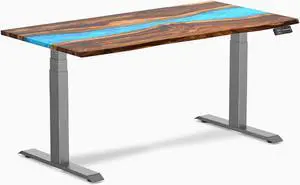 Desky Dual Resin Hardwood Sit Stand Desk - Pheasantwood Blue River / 60 x 30 inches / Space Gray