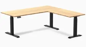 Desky Bamboo L-Shape Sit Stand Desk - Bamboo / 60 x 30 x 62 x 20 in with Grommets / Gray Desky Bamboo L-Shape Sit Stand Desk - Bamboo / 60 x 30 x 62 x 20 in with Grommets / Gray