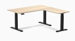 Desky L-Shape Laminate Sit Stand Desk - Classic Oak / 59 x 29.5 x 61.5 x 20 in / Matte Black