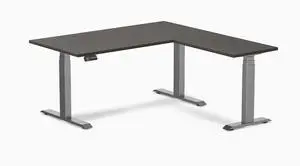 Desky Eco L-Shape Laminate Sit Stand Desk - Burnished Wood / 59 x 29.5 x 61.5 x 20 in / Space Gray