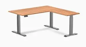 Desky Eco L-Shape Laminate Sit Stand Desk - Prime Oak / 59 x 29.5 x 61.5 x 20 in / Space Gray