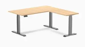 Desky Eco L-Shape Laminate Sit Stand Desk - Sublime Teak / 59 x 29.5 x 61.5 x 20 in / Space Gray