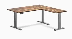 Desky Hardwood L-Shape Sit Stand Desk - Pheasantwood / 60 x 30 x 62 x 20 in / Space Gray