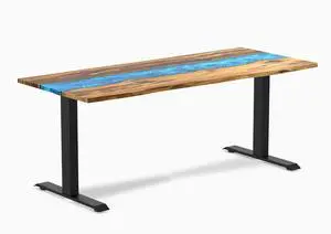 Desky Resin Hardwood Office Desk - Teak Blue River / 72 x 30 in / Matte Black