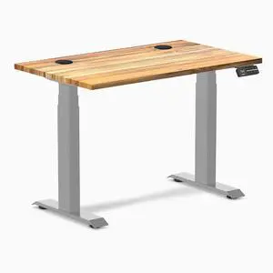 Desky Dual Mini Hardwood Sit Stand Desk - Teak / 32 x 20 in / Grey Desky Dual Mini Hardwood Sit Stand Desk - Teak / 32 x 20 in / Grey