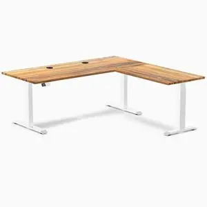Desky Hardwood L-Shape Sit Stand Desk - Teak / 72 x 30 x 70 x 24 in with Grommets / White Desky Hardwood L-Shape Sit Stand Desk - Teak / 72 x 30 x 70 x 24 in with Grommets / White