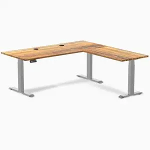 Desky Hardwood L-Shape Sit Stand Desk - Teak / 72 x 30 x 70 x 24 in with Grommets / Gray Desky Hardwood L-Shape Sit Stand Desk - Teak / 72 x 30 x 70 x 24 in with Grommets / Gray