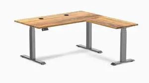 Desky Hardwood L-Shape Sit Stand Desk - Teak / 60 x 30 x 62 x 20 in with Grommets / Space Gray Desky Hardwood L-Shape Sit Stand Desk - Teak / 60 x 30 x 62 x 20 in with Grommets / Space Gray