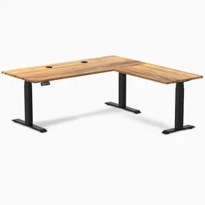 Desky Hardwood L-Shape Sit Stand Desk - Teak / 72 x 30 x 70 x 24 in with Grommets / Matte Black Desky Hardwood L-Shape Sit Stand Desk - Teak / 72 x 30 x 70 x 24 in with Grommets / Matte Black