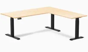 Desky Hardwood L-Shape Sit Stand Desk - Maple / 72 x 30 x 70 x 24 in with Grommets / Matte Black Desky Hardwood L-Shape Sit Stand Desk - Maple / 72 x 30 x 70 x 24 in with Grommets / Matte Black