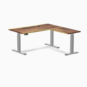 Desky Hardwood L-Shape Sit Stand Desk - Saman / 60 x 30 x 62 x 20 in with Grommets / Gray Desky Hardwood L-Shape Sit Stand Desk - Saman / 60 x 30 x 62 x 20 in with Grommets / Gray