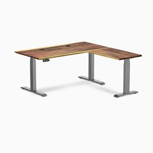 Desky Hardwood L-Shape Sit Stand Desk - Saman / 60 x 30 x 62 x 20 in with Grommets / Space Gray Desky Hardwood L-Shape Sit Stand Desk - Saman / 60 x 30 x 62 x 20 in with Grommets / Space Gray