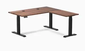 Desky Hardwood L-Shape Sit Stand Desk - Walnut / 60 x 30 x 62 x 20 in with Grommets / Matte Black Desky Hardwood L-Shape Sit Stand Desk - Walnut / 60 x 30 x 62 x 20 in with Grommets / Matte Black