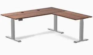 Desky Hardwood L-Shape Sit Stand Desk - Walnut / 72 x 30 x 70 x 24 in with Grommets / Gray Desky Hardwood L-Shape Sit Stand Desk - Walnut / 72 x 30 x 70 x 24 in with Grommets / Gray