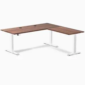 Desky Hardwood L-Shape Sit Stand Desk - Walnut / 72 x 30 x 70 x 24 in with Grommets / White Desky Hardwood L-Shape Sit Stand Desk - Walnut / 72 x 30 x 70 x 24 in with Grommets / White