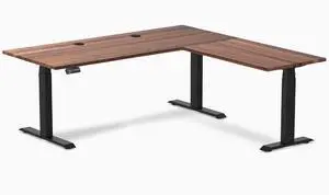 Desky Hardwood L-Shape Sit Stand Desk - Walnut / 72 x 30 x 70 x 24 in with Grommets / Matte Black Desky Hardwood L-Shape Sit Stand Desk - Walnut / 72 x 30 x 70 x 24 in with Grommets / Matte Black