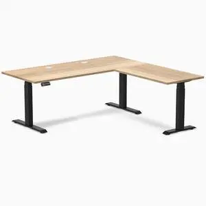 Desky Hardwood L-Shape Sit Stand Desk - White Ash / 72 x 30 x 70 x 24 in with Grommets / Matte Black Desky Hardwood L-Shape Sit Stand Desk - White Ash / 72 x 30 x 70 x 24 in with Grommets / Matte Black