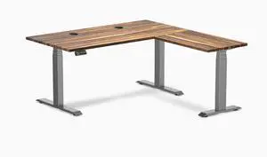 Desky Hardwood L-Shape Sit Stand Desk - Pheasantwood / 60 x 30 x 62 x 20 in with Grommets / Space Gray Desky Hardwood L-Shape Sit Stand Desk - Pheasantwood / 60 x 30 x 62 x 20 in with Grommets / Space Gray