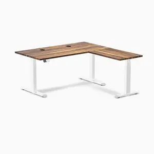 Desky Hardwood L-Shape Sit Stand Desk - Pheasantwood / 60 x 30 x 62 x 20 in with Grommets / White Desky Hardwood L-Shape Sit Stand Desk - Pheasantwood / 60 x 30 x 62 x 20 in with Grommets / White