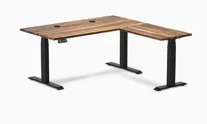 Desky Hardwood L-Shape Sit Stand Desk - Pheasantwood / 60 x 30 x 62 x 20 in with Grommets / Matte Black Desky Hardwood L-Shape Sit Stand Desk - Pheasantwood / 60 x 30 x 62 x 20 in with Grommets / Matte Black