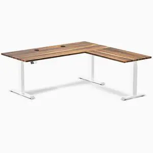Desky Hardwood L-Shape Sit Stand Desk - Pheasantwood / 72 x 30 x 70 x 24 in with Grommets / White Desky Hardwood L-Shape Sit Stand Desk - Pheasantwood / 72 x 30 x 70 x 24 in with Grommets / White