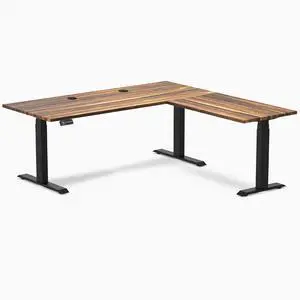 Desky Hardwood L-Shape Sit Stand Desk - Pheasantwood / 72 x 30 x 70 x 24 in with Grommets / Matte Black Desky Hardwood L-Shape Sit Stand Desk - Pheasantwood / 72 x 30 x 70 x 24 in with Grommets / Matte Black
