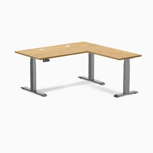 Desky Rubberwood L-Shape Sit Stand Desk - Light Oak / 60 x 30 x 62 x 20 in with Grommets / Space Gray Desky Rubberwood L-Shape Sit Stand Desk - Light Oak / 60 x 30 x 62 x 20 in with Grommets / Space Gray