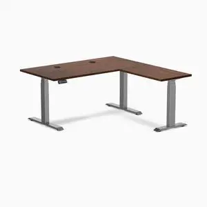 Desky Rubberwood L-Shape Sit Stand Desk - Red Walnut / 60 x 30 x 62 x 20 in with Grommets / Space Gray Desky Rubberwood L-Shape Sit Stand Desk - Red Walnut / 60 x 30 x 62 x 20 in with Grommets / Space Gray