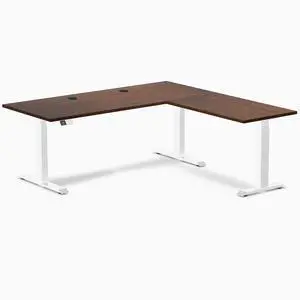 Desky Rubberwood L-Shape Sit Stand Desk - Red Walnut / 72 x 30 x 70 x 24 in with Grommets / White Desky Rubberwood L-Shape Sit Stand Desk - Red Walnut / 72 x 30 x 70 x 24 in with Grommets / White